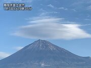 富士山に笠雲が出現　雪化粧はすっかり薄く