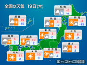 明日1月19日(木)の天気　昼間は比較的穏やか、夜は北日本で雪や風が強まるおそれ