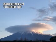 富士山の山頂に大きな笠雲　上空は湿り気が多い