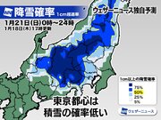 21日(日)は関東甲信で雪の可能性　東京23区などは積雪の確率は低め