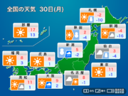 明日30日(月)の天気　関東以西は寒さ和らぐ　北陸や北日本は荒天に注意