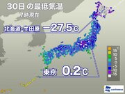 今朝は冷え込み強まる　東京も氷点下間近 北海道は－25℃以下に        
