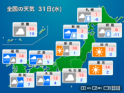 明日31日(水)の天気予報　西日本は曇りや雨　関東は晴れて穏やか