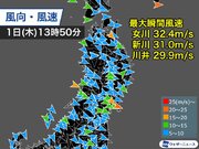 東北で局地的に30m/sを超える風　岩手県と宮城県には暴風警報
