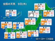 明日9日(木)の天気　関東は晴れて暖か、西日本や東海は雨の降る所も