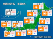 明日15日(水)の天気　九州から北海道で晴れて、季節先取りの暖かさ