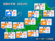 明日20日(木)の天気予報　西日本や東日本は晴れて暑いくらいに