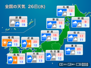 明日4月26日(水)の天気予報　全国的に強まる雨風に注意　西日本は天気回復へ