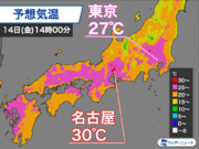 明日14日(金)は関東や東海で真夏日に　東京は今日より10近く上昇