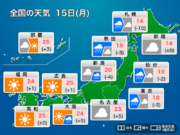 今日5月15日(月)の天気　東日本や北日本は広く雨　西日本は日差し届き気温上昇