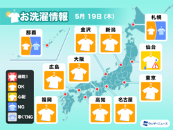 話題-5月19日(木)の洗濯天気予報　西日本から東北南部は広く洗濯日和