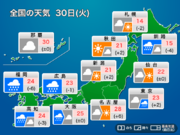 今日30日(火)の天気　梅雨前線はやや南下　関東〜九州は雨が降りやすい一日