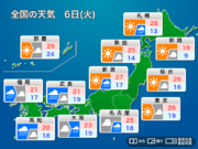 明日6月6日(火)の天気　西日本は梅雨空で強雨も　関東はにわか雨の可能性