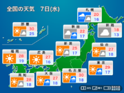 明日7日(水)の天気　前線南下で東日本や西日本は天気回復　北日本は雷雨に注意