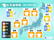 6月20日(日)の洗濯天気予報　西日本や東海は晴れて布団干しもOK