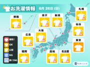 6月26日(日)の洗濯天気予報　関東南部以外は外干し要注意