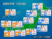 今日12日(金)の天気 関東や北日本は雨で肌寒い        