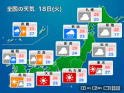 明日18日(火)の天気予報　関東から近畿で猛暑続く、東北は雨が強まる