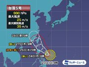 台風5号　週中頃に沖縄・先島に影響するおそれ　最大風速は50m/sに達する予想