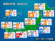 明日7月26日(火)の天気　関東や東海は傘の出番、西日本は厳しい暑さ続く