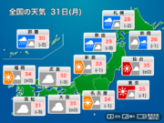 今日31日(月)の天気予報　関東など猛暑続く　沖縄は台風の影響で次第に風強まる