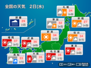 今日2日(水)の天気予報　広範囲で猛暑続く　沖縄は長時間の暴風雨に警戒