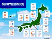 7日(日)　天気の急変に注意　平野部でも局地的に激しい雨　西日本中心に猛暑続く