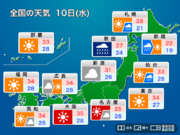 明日10日(水)の天気　東北北部は大雨続く　関東から九州は猛暑に