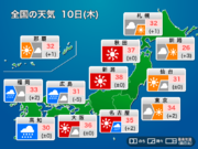 今日10日(木)の天気予報　関東や東海は暑さ戻る　九州や四国は大雨警戒