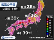 今日も暑さが和らぐ兆しなく広く猛暑日予想　大阪など40に迫る所も