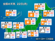 明日8月22日(月)の天気　関東より西は蒸し暑い一日、北日本は晴天が続く