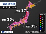 西日本や東海、関東など猛暑日前後の予想　東北の一部では40に迫る所も