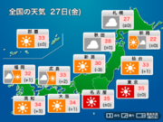 今日27日(金)の天気　晴れるところ多く厳しい残暑　引き続き熱中症警戒