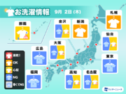 9月2日(木)の洗濯天気予報　東北南部から九州は部屋干しを
