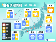 9月3日(金)の洗濯天気予報　西日本や東日本は室内干しが続く