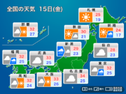 明日15日(金)の天気予報　前線南下で関東は一時的に雨　北海道は秋晴れに