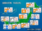 今日16日(木)の天気　西日本は太平洋側で強雨注意　関東もにわか雨が心配