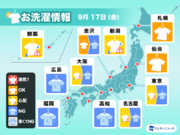9月17日(金)の洗濯天気予報　西日本は台風直撃で洗濯は部屋干し