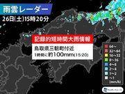 鳥取県で再び記録的短時間大雨情報　土砂災害の危険度高まる