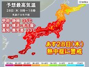 あす28日(木)　関東甲信や東海で35以上の猛暑日の所も　東北は大雨警戒