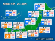 明日9月28日(木)の天気予報　関東以西は厳しい残暑　北日本は激しい雨に注意