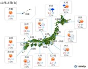 15日　前線の雨雲　北海道から東北、北陸へ　関東から西は晴れて暑い