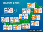 明日22日(土)の天気　西日本は25以上の夏日、北日本や北陸は一部で雨