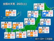 今日26日(土)の天気　関東は天気回復　北日本は午後から前線通過        