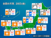 明日28日(金)の天気　北日本は強雨や落雷に注意　関東から九州にかけては秋晴れ