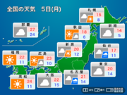 5日(月)の天気　東日本中心にスッキリしない一週間のスタート        