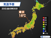 明日20日(金)の朝は暖か　東京は9月下旬並み