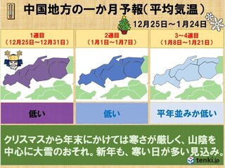 中国地方1か月予報 クリスマスから今季一番の寒波襲来 新年も寒さの厳しい日が多い 21年12月23日 Biglobeニュース