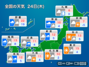 明日24日(木)の天気　関東は日差し暖か　 北日本や西日本は雨