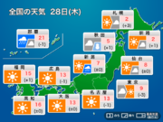 今日28日(木)の天気予報　東海や西日本は晴天、関東は昼間も寒い